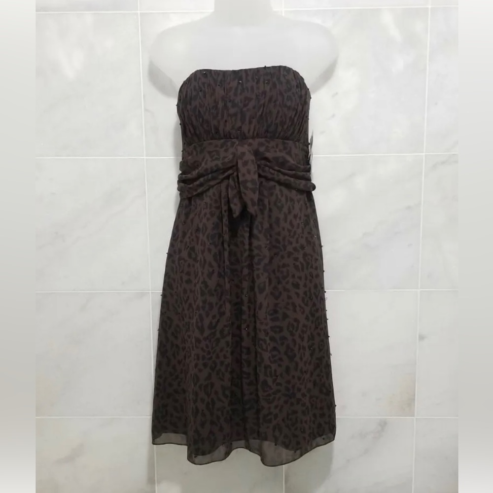 NWT Nicole by Nicole Miller, strapless, brown, leopard print, dress size 6.